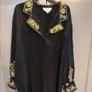 Vintage DVF Silk gold Embroidery Floral black Blouse Shirt "Selena" style 3XL